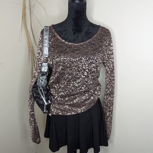 BKE Boutique Brown Gold Metallic Lace Top XL